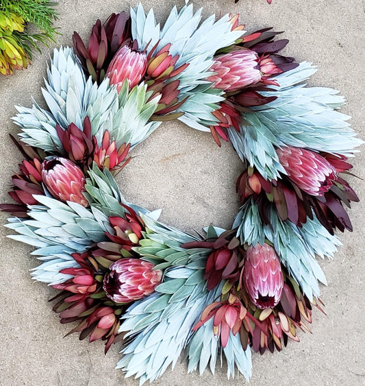 Silver, Red, And Pink Ice Protea Wreath